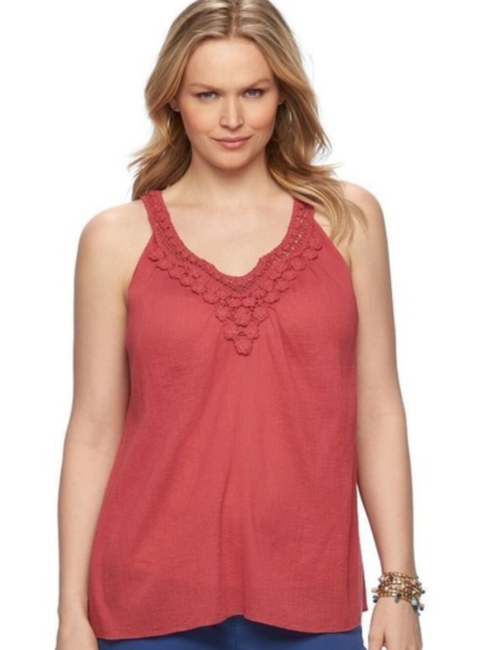 Chaps Coral Crochet-Trim Sleeveless Camisole 100% Cotton Size L